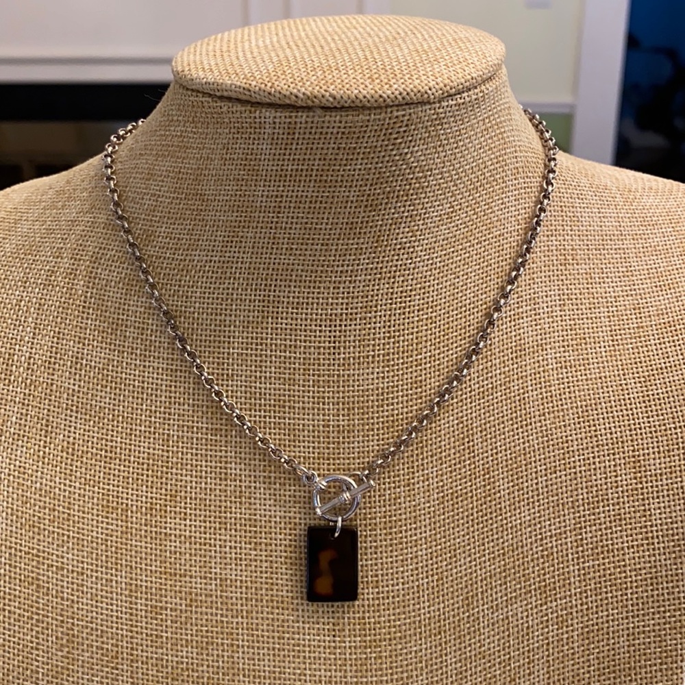 Silver Necklace with Toggle Closure and Brown Tortoiseshell Charm